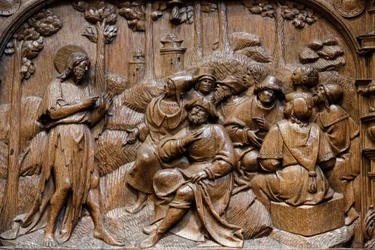 Basilica di Saint-Denis, stalli della Cappella di Goillon (inizio del XVI secolo), rappresentazione di Gesù che parla in parabole davanti agli abitanti della Palestina, Saint-Denis, Francia