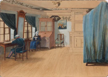 Interno della camera da letto. Conte Yegor Frantsevich Kankrin 1774-1845 alla sua scrivania, 1820s