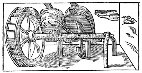 Soffietti azionati da un albero a camme alimentato da una ruota idraulica, 1540