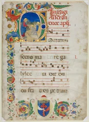 Bifolio estratto da un antifonario: Iniziale D[ominus Iesus], c. 1425-1450