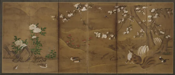 Uccelli, fiori delle stagioni e zibetti, periodo Muromachi o Momoyama, XVI secolo
