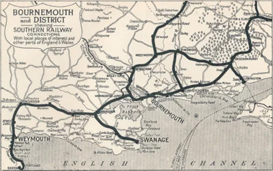 Bournemouth e distretto, mostrando i collegamenti della Southern Railway, 1929