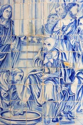 Brasile, Bahia, Salvador: Azulejo nella chiesa di Bonfim: Gesù lava i piedi a un discepolo