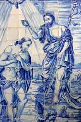 Brasile, Bahia, Salvador: Azulejo nella chiesa di Bonfim: Battesimo di Gesù