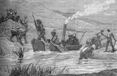 Soldati britannici che tagliano una diga costruita da Arabi a Mahuta, c1882