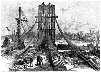 Ponte sospeso di Brooklyn, New York, USA: ancoraggio dei cavi sulla riva di Brooklyn, 1883