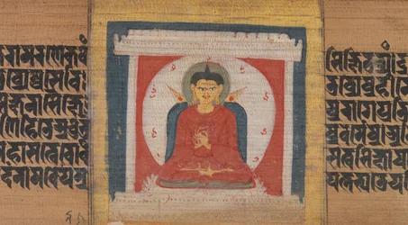 Buddha in trono in un santuario, foglio dal Pancavimsatisahasrika Prajnaparamita