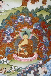 Buddha Sakya Muni circondato dalla tentazione. Thangka, Bhaktapur, Nepal