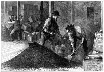 Imballaggio del tè in un magazzino di tè, 1874