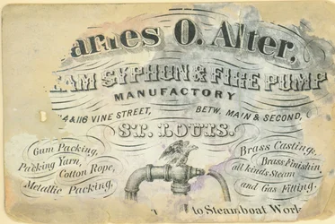 Biglietto da visita di James O. Alter, fabbrica di sifoni a vapore e pompe antincendio, St. Louis, ca. 1870