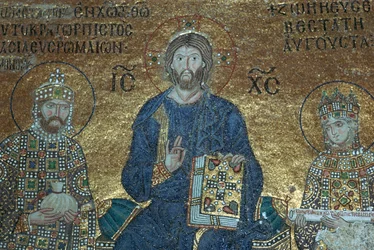 Mosaico bizantino che mostra Cristo in trono tra i governanti terreni, XII secolo