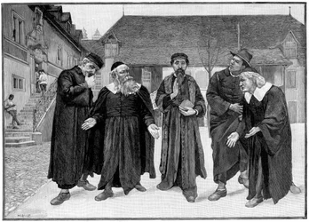 Calvino e i quattro sindaci nel cortile del Collegio di Ginevra