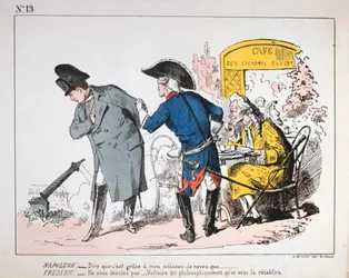 Caricatura di Napoleone I che osserva la caduta della Colonna Vendôme, Comune di Parigi, 1871