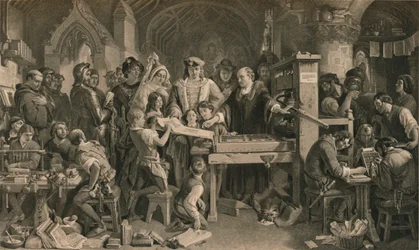 Caxton mostra il primo esemplare della sua stampa a re Edoardo IV a Westminster, c1477, 1905