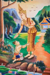 Opera sul soffitto raffigurante la vita di Buddha, Wat Si Sou Mang Karam Temple, Vieng Vang, Laos