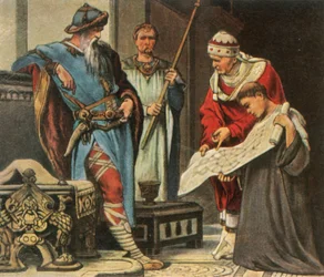 Carlo Magno mostra i piani per la Cappella Palatina di Aquisgrana, 1936