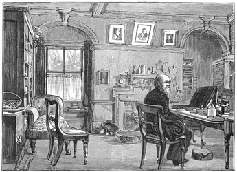 Charles Darwin, naturalista inglese, nel suo studio, c. 1870