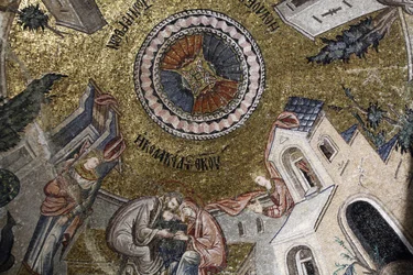 Museo della chiesa di Chora: mosaico che raffigura la Vergine Maria che riceve amore dai suoi genitori Gioacchino e Anna, Istanbul, Turchia