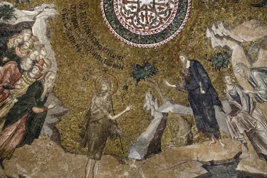 Museo della chiesa di Chora: mosaico del giovane Gesù (a sinistra: dottori del Tempio), Istanbul, Turchia
