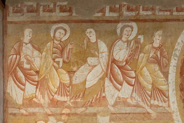 Chiesa (Église Saint-Martin). Interno. Affreschi. Parete ovest della navata. Dettaglio. Apostoli. XII secolo.