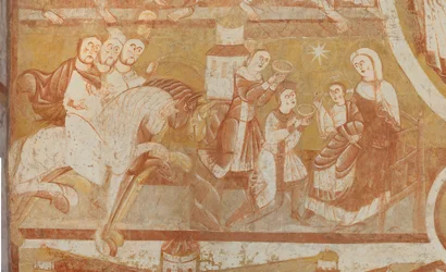 Chiesa (Église Saint-Martin). Interno. Affreschi. Parete ovest della navata. Dettaglio. Arrivo dei magi, adorazione dei magi. XII secolo.