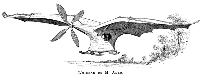 Uccello volante di Clément Ader Eole, il primo aereo pilotato a decollare con il proprio vapore, 1890