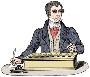 Impiegato che usa una macchina addizionatrice Pascal, 1835