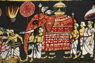 Stampa su stoffa raffigurante il pellegrinaggio della reliquia del dente sacro del Buddha a Kandy, Sri Lanka, Parigi, Francia