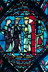 Costantino accoglie Carlo Magno a Costantinopoli, vetrata, Cattedrale di Chartres, Francia