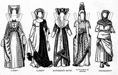 Costumi di uomini e donne come indossati nel periodo in cui regnava Enrico V, c1934