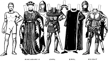 Costumi di uomini e donne indossati nel periodo in cui regnava Enrico V, c1934