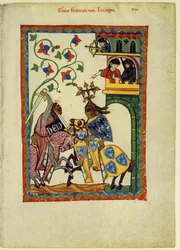 Conte Friedrich II von Leiningen dal Codex Manesse, tra il 1305 e il 1340