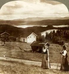 Ragazze di campagna durante la fienagione - sopra i laghi Bolkesjo e Folsjo verso i monti Himingen, Norvegia, c1905