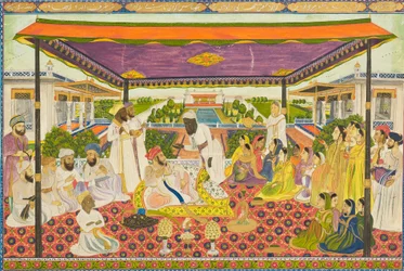 Scena di corte con sfondo panoramico di palazzo e giardino, XIX secolo