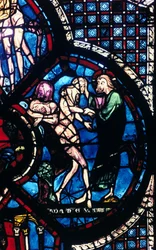 Creazione di Eva, vetrata, Cattedrale di Chartres, Francia, 1205-1215