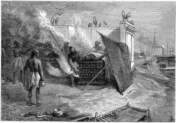 Cremazione dei morti su pire funerarie, Calcutta, India, 1879
