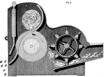 Sezione trasversale della sgranatrice di cotone di Eli Whitney, 1765-1825, 1865