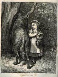 Attraversando il bosco, Cappuccetto Rosso incontra il lupo. Incisione di Gustave Dore (1832-1883) da 