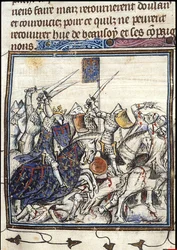 Crociati e saraceni che combattono durante la Terza Crociata dalle Chroniques de France ou de St Denis