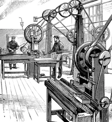 Taglio di monete da strisce di metallo, Royal Mint, Londra, 1897