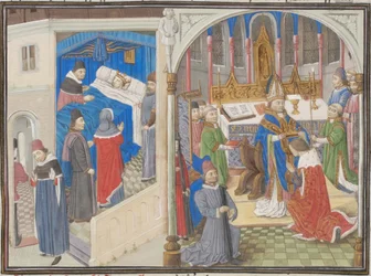 Morte di Amalrico I di Gerusalemme. Incoronazione di Baldovino IV. Miniatura dalla Historia di Guglielmo di Tiro, 1460