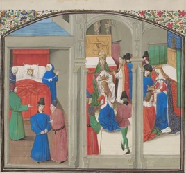 Morte di Baldovino IV. Incoronazione di Guido di Lusignano. Miniatura dalla Historia di Guglielmo di Tiro, anni 1460