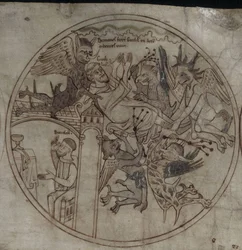 Demoni attaccano Guthlac Manoscritto La vita di San Guthlac, Inizi del XII secolo