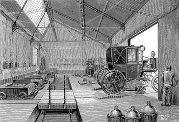 Deposito dove i taxi elettrici di Parigi venivano dotati di batterie appena caricate, 1899