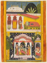 Desavarari Ragini, da una serie di Ragamala: Una signora e due attendenti in un pergolato, c169