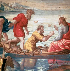 (dettaglio) dagli Arazzi di Mortlake, mostrando la pesca miracolosa, XVII secolo