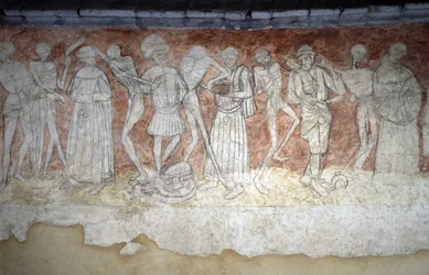 Dettaglio di un affresco che raffigura la Danza Macabra, Chiesa Saint Robert a La Chaise Dieu