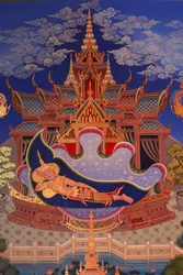 (dettaglio) di un dipinto murale nella Uposatha (sala del santuario) del tempio Buddhapadipa, Wimbledon, Regno Unito