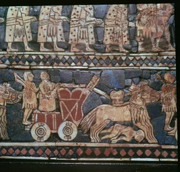 (dettaglio) dello Stendardo di Ur, mostrando un Carro da Guerra Sumero, Iraq meridionale, circa 2600-2400 a.C.