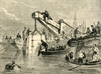 Campana da immersione usata nella costruzione del Tunnel del Tamigi, c1878